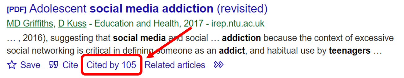 Screenshot of a Google Scholar search result with an arrow pointing to the cited by button