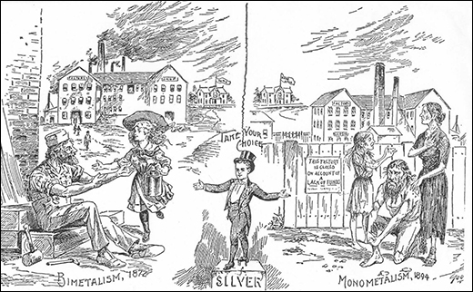 一张海报左边是一个快乐的工人和一个孩子，背景是一家工厂，上面写着 “Bimetalism，1872” 的标签。 右边是一个贫穷的工人带着他的妻子和孩子；所有人都显得瘦弱，穿着破烂的衣服。 他们后面是一家被围墙围起来的工厂，上面写着 “这家工厂因缺乏资金而关闭” 的标语。 标签上写着 “Monometalism，1894 年”。 在图像之间，一个身穿西装的小男孩站在一个标有 “银色” 的方块上，上面写着 “Take Your Choice” 字样。