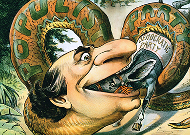Um desenho animado mostra a cabeça de William Jennings Bryan na ponta de uma grande cobra chamada “Partido Populista”. Ele está comendo um burro chamado “Partido Democrata”.