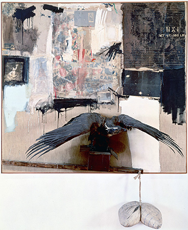Robert Rauschenberg, Canyon, 1959, oil, pencil, paper, metal, photograph, fabric, wood, canvas, buttons, mirror, taxidermied eagle, cardboard, pillow, paint tube and other materials, 207.6 x 177.8 x 61 cm (The Museum of Modern Art, New York) © 2014 Robert Rauschenberg Foundation
