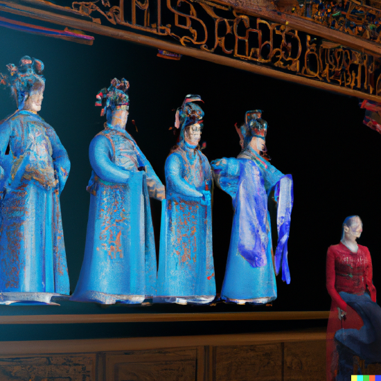 The hologram of an actors in a play on a theater stage in an auditorium, 3D render.png