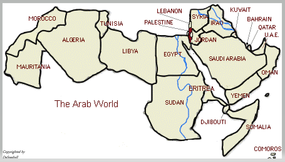 The Arab World Map with the names of each Arabic state
