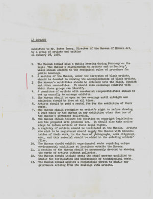 Artist Workers Coalition (AWC) &ldquo;13 Demands&rdquo; (Barr Papers, 1.489 MoMA Archives, New York)
