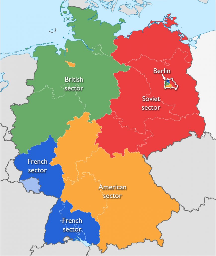 Map of post-WWII Germany divided between the Allied Powers (adapted by Dr. Naraelle Hohensee from WikiNight2, GNU Free Documentation License)