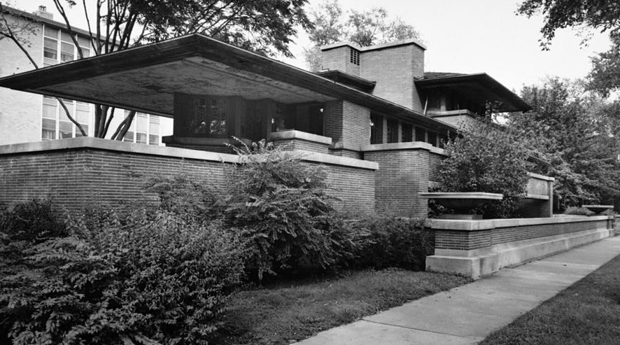 Frank Lloyd Wright, Frederick C. Robie House, Historic American Buildings Survey, Cervin Robinson, Photographer, 18 August 1963, exterior from southwest, 5757 Woodlawn Avenue, Chicago, Cook County, IL, 5 x 7" (Library of Congress HABS ILL,16-CHIG,33--3)