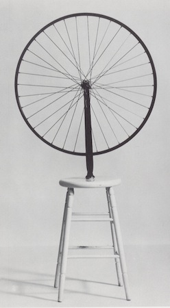 Marcel Duchamp, Bicycle Wheel, 1951 (third version, after lost original of 1913), metal wheel mounted on painted wood stool, 129.5 x 63.5 x 41.9 cm (The Museum of Modern Art, New York)