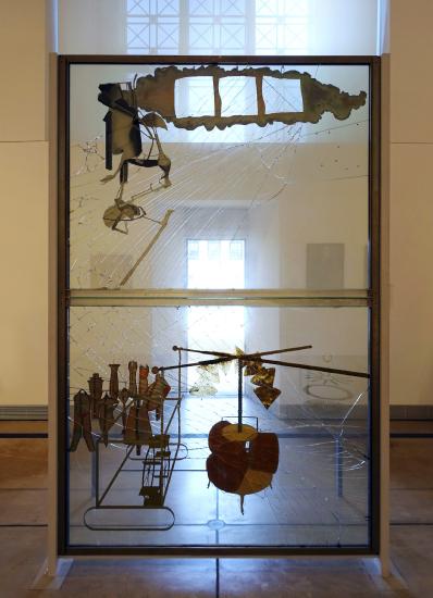 Marcel Duchamp, The Bride Stripped Bare by her Bachelors, Even (The Large Glass), 1915-23, oil, varnish, lead foil, lead wire, and dust on two glass panels, 277.5 x 177.8 x 8.6 cm © Succession Marcel Duchamp (Philadelphia Museum of Art) photo: Steven Zucker, CC BY-NC-SA 2.0