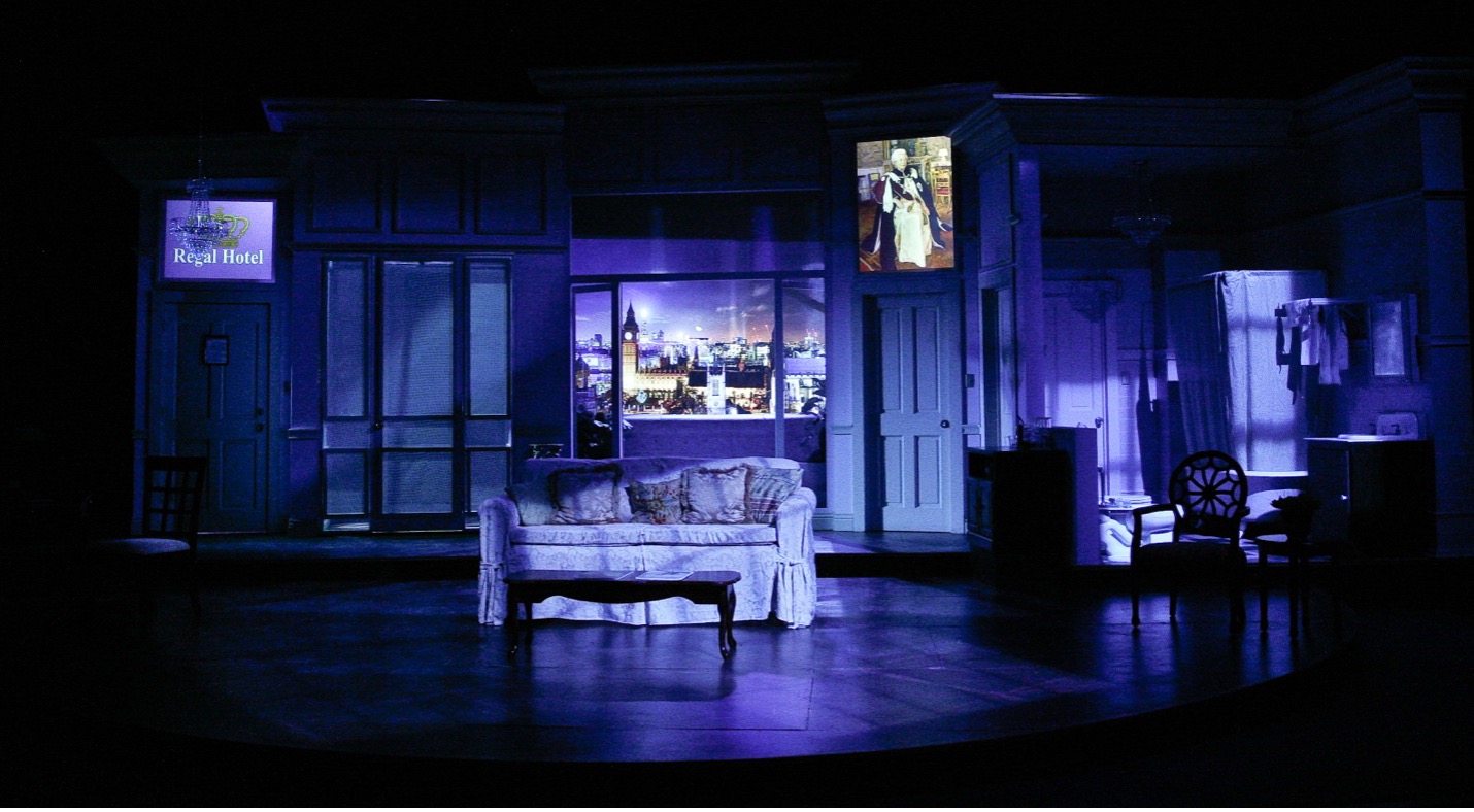 The set a video design of Alan Ayckbourn’s Communicating Doors at The Theatre Group at Santa Barbara City College. Directed by Katie Laris, Set Design by Patricia Frank.