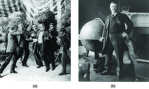 الرسم (أ) يصور اغتيال ويليام ماكينلي. الصورة (ب) هي صورة شخصية لثيودور روزفلت.