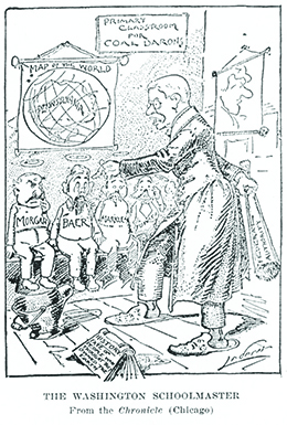 一部名为《华盛顿校长》的漫画显示，罗斯福总统对摩根大通这样的煤炭大亨进行纪律处分，威胁要用一根标有 “联邦当局” 的棍子殴打他们。 墙上的标语写着 “煤炭大亨小学教室”。 在标志下方，“世界地图” 显示了以超大宾夕法尼亚州为中心的地球。