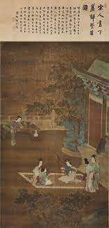 A painting of 6 women who are sitting and playing musical instruments outside