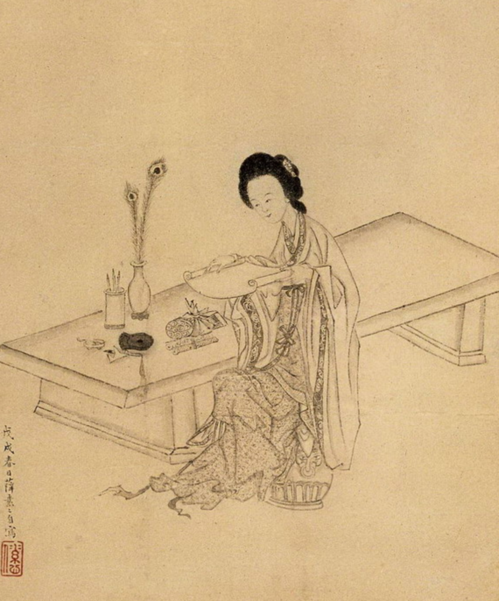 An ink drawing of a women artist creating an ink drawing at a table