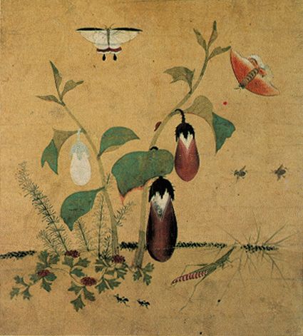A painting of an eggplant bush with two butterflies and some insects