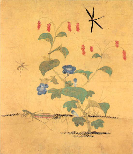 A painting of a flower bush with blue and red flowers plus some bugs