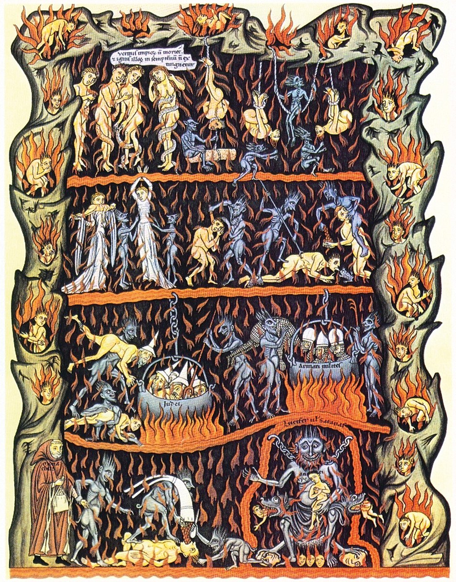 A religious scene with multiple levels of fire and cooking people in pots