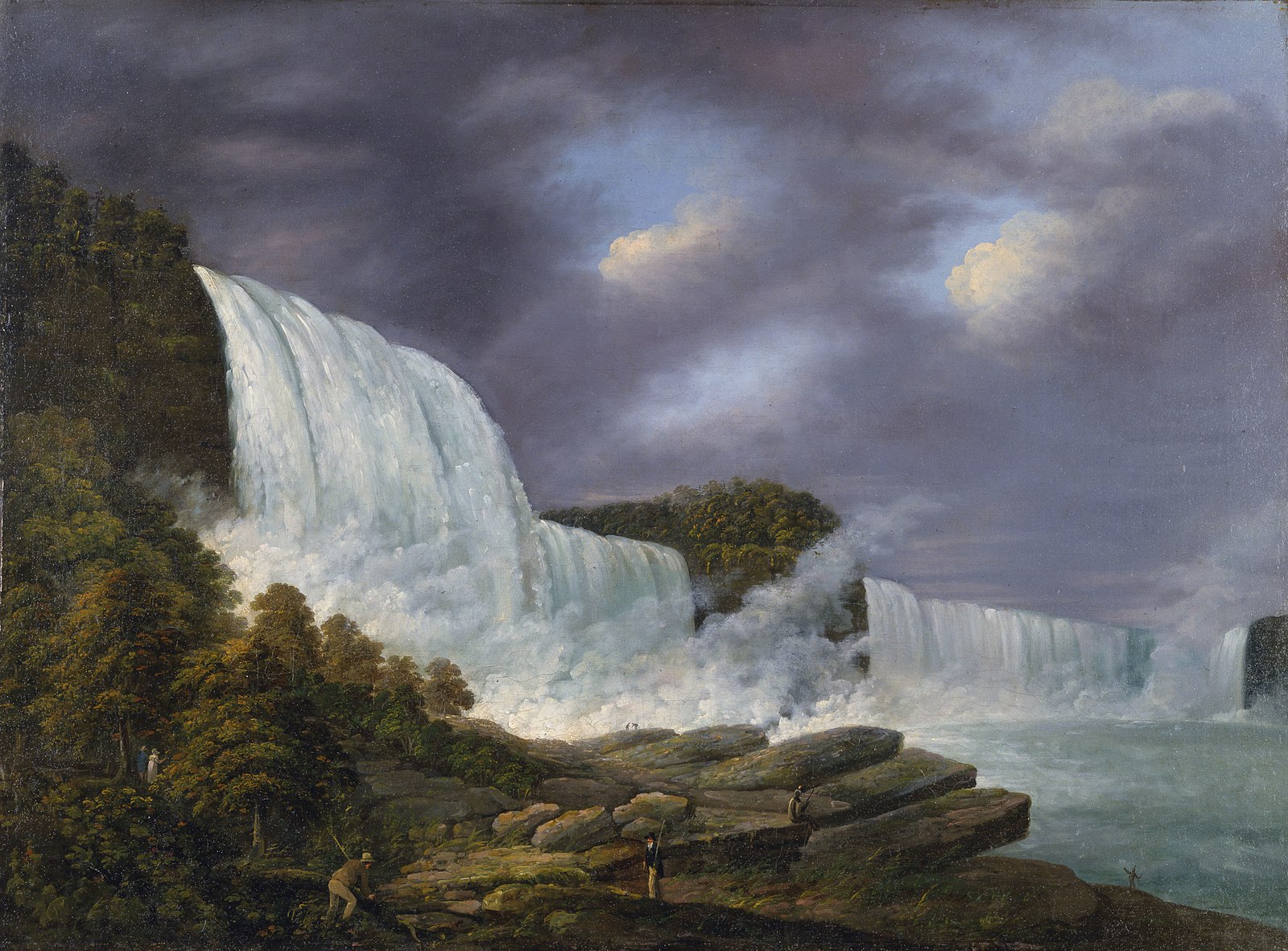 A painting of a large falls cascading down into a river