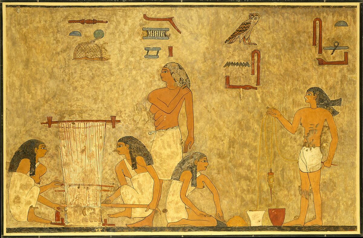 Wall fresco of women weaving flax and making thread with Egyptian Hieryglpyhs
