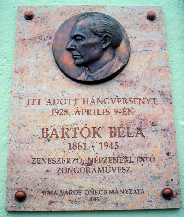 Figure 4. BÃ©la BartÃ³k memorial plaque in Baja, Hungary