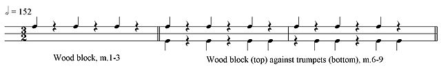 Initial rhythmic dissonance played on wood blocks