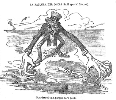 一部西班牙漫画描绘了山姆大叔站在地图上。 他的脚在美国，他向南伸手去抓古巴。 标题是用加泰罗尼亚语写的，上面写着 “保留岛屿，这样它就不会迷路。”