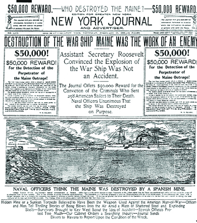 显示了《纽约日报和广告商》的头版。 各种故事和图像描述了缅因号航空母舰的毁灭。 中心标题是：“摧毁缅因州的战舰是敌人的所作所为。 助理国务卿罗斯福坚信战舰爆炸不是意外。 《华尔街日报》为将258名美国士兵送死的罪犯定罪提供5万美元的奖励。 海军军官一致认为这艘船是故意摧毁的。”
