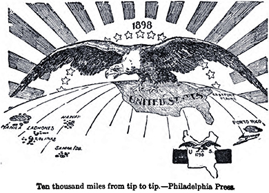 A cartoon is captioned “Ten thousand miles from tip to tip.” A portion of a globe is shown, with the United States at the top and various islands, including “Porto Rico,” “Manila,” “Carolinas,” and “Samoa Ids.” labeled beneath. Above the globe, a giant bald eagle hovers, with the sun and a half-circle of stars behind it. In the lower corner, a tiny map with another eagle, labeled “U.S. 1798,” provides a contrast with the size and reach of the nation a century earlier.