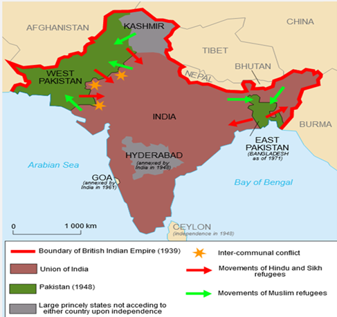 Map of the Partition of India. New boundaries of India and Pakistan with arrows representing the population exchange. Details included in the text.