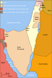 Territory held by Israel after the Six Day War. Map shows also territorial changes during the Yom Kippur War. Details included in figure caption.