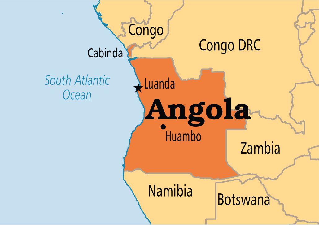 Map of Angola and its capital city of Luanda, which is located on the Atlantic coast. Details in text.
