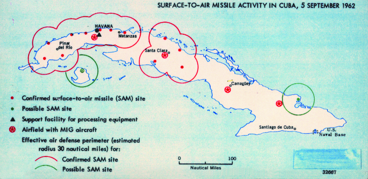 CIA map of Cuba with stars and circles drawn reveal data gathered by US Intelligence about Soviet missiles in Cuba. Details in text. 