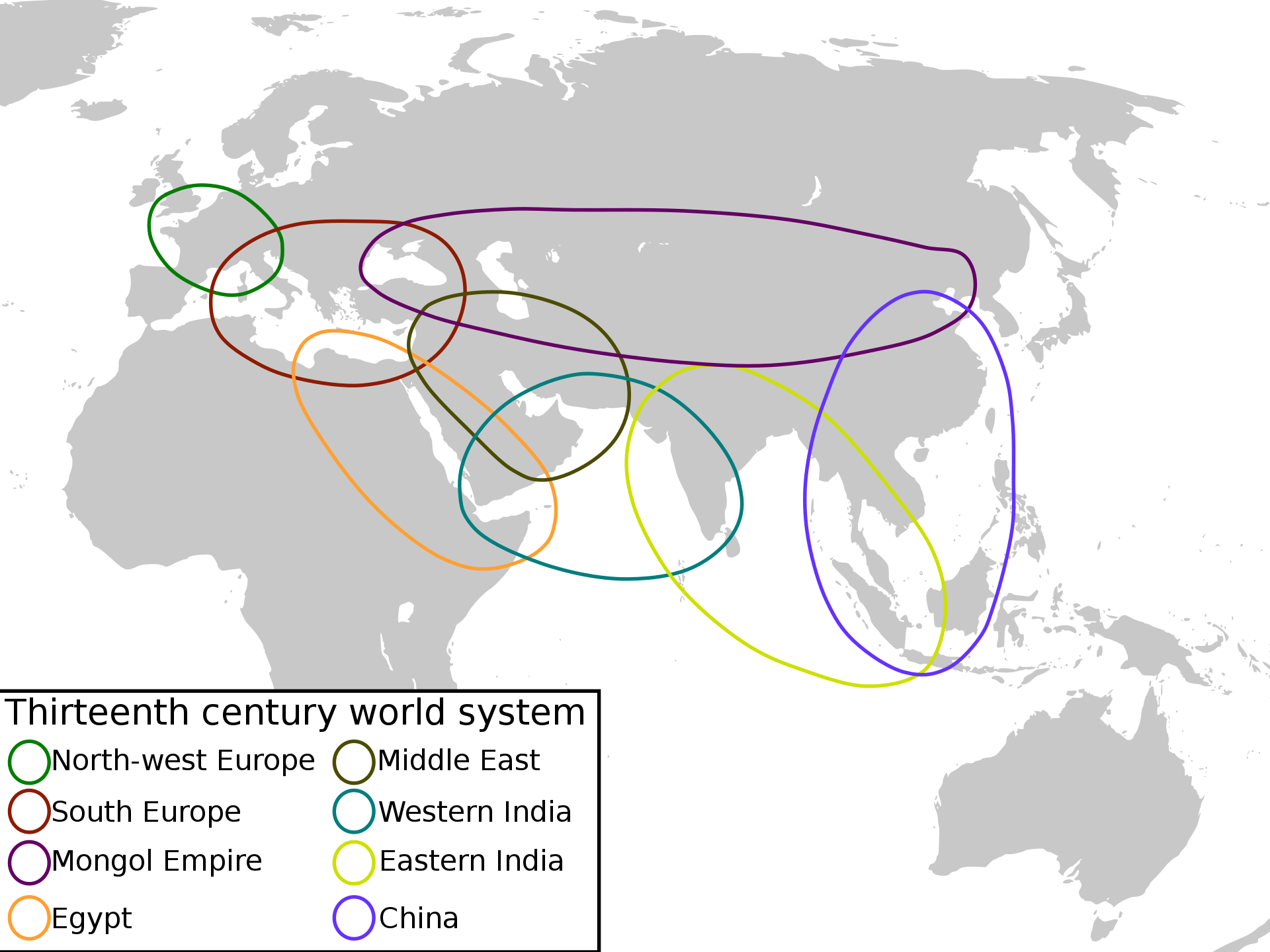 Map of Afro-Eurasia shows how the world was linked via 8 trading networks of production and exchange in the thirteenth century. Details in text.
