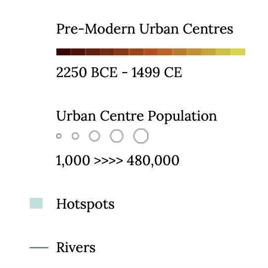 Map key showing intensity of urbanization and size of population centers