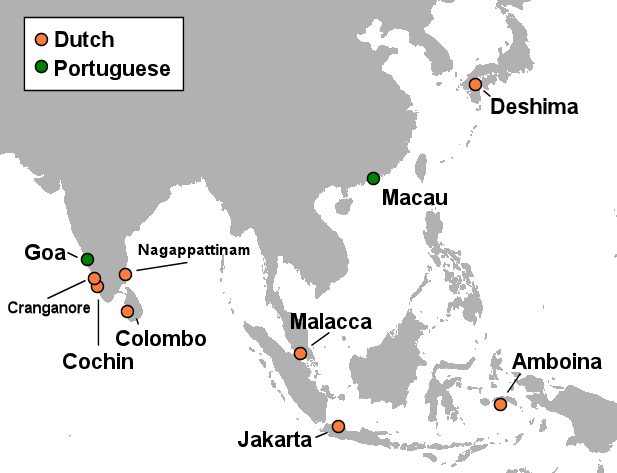 Ports controlled by the Portuguese include Goa and Macau. Ports controlled by the Dutch include Cranganore, Cochin, Colombo, Nagappattinam, Deshima, Malacca, Jakarta, and Amboina. Details in text.