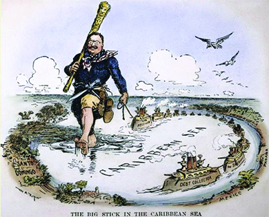 一部标题为 “加勒比海的大棒” 的漫画描绘了一位庞大的罗斯福拿着一根标有 “Big Stick” 的棍子在加勒比海游行。 各个国家都贴上了标签，包括圣多明各、古巴、墨西哥和巴拿马。 罗斯福用绳子将一艘标有 “接收者” 的船拉到他身后。 在加勒比海周边航行的是一群标有 “收债员” 和 “警长” 的船只。