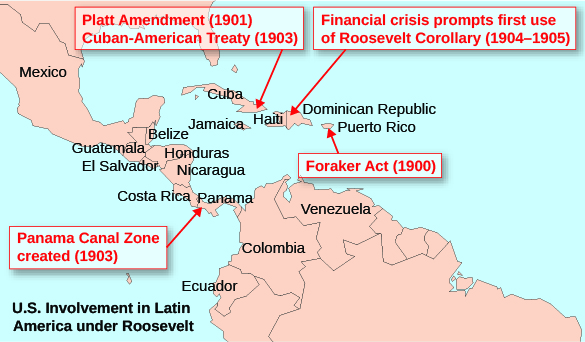 一张标题为 “罗斯福领导下的美国介入拉丁美洲” 的地图。 标记区域包括墨西哥、危地马拉、萨尔瓦多、哥斯达黎加、伯利兹、洪都拉斯、尼加拉瓜、巴拿马、牙买加、古巴、海地、多米尼加共和国、波多黎各、厄瓜多尔、哥伦比亚和委内瑞拉。 指向巴拿马的标签上写着 “创建的巴拿马运河区（1903 年）”。 指向古巴的标签上写着 “普拉特修正案（1901）；《古美条约》（1903 年）”。 指向多米尼加共和国的标签上写着 “金融危机促使人们首次使用罗斯福推论（1904—1905 年）”。 指向波多黎各的标签上写着 “福雷克法案（1900）”。