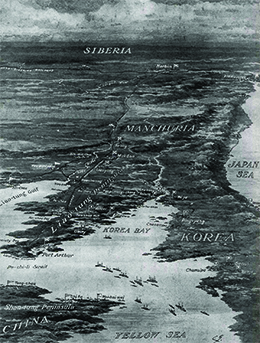 تُظهر خريطة عسكرية معاصرة ساحات القتال في الحرب الروسية اليابانية.