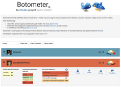 A screenshot of the Botometer website, showing one human and one bot account. Botometer