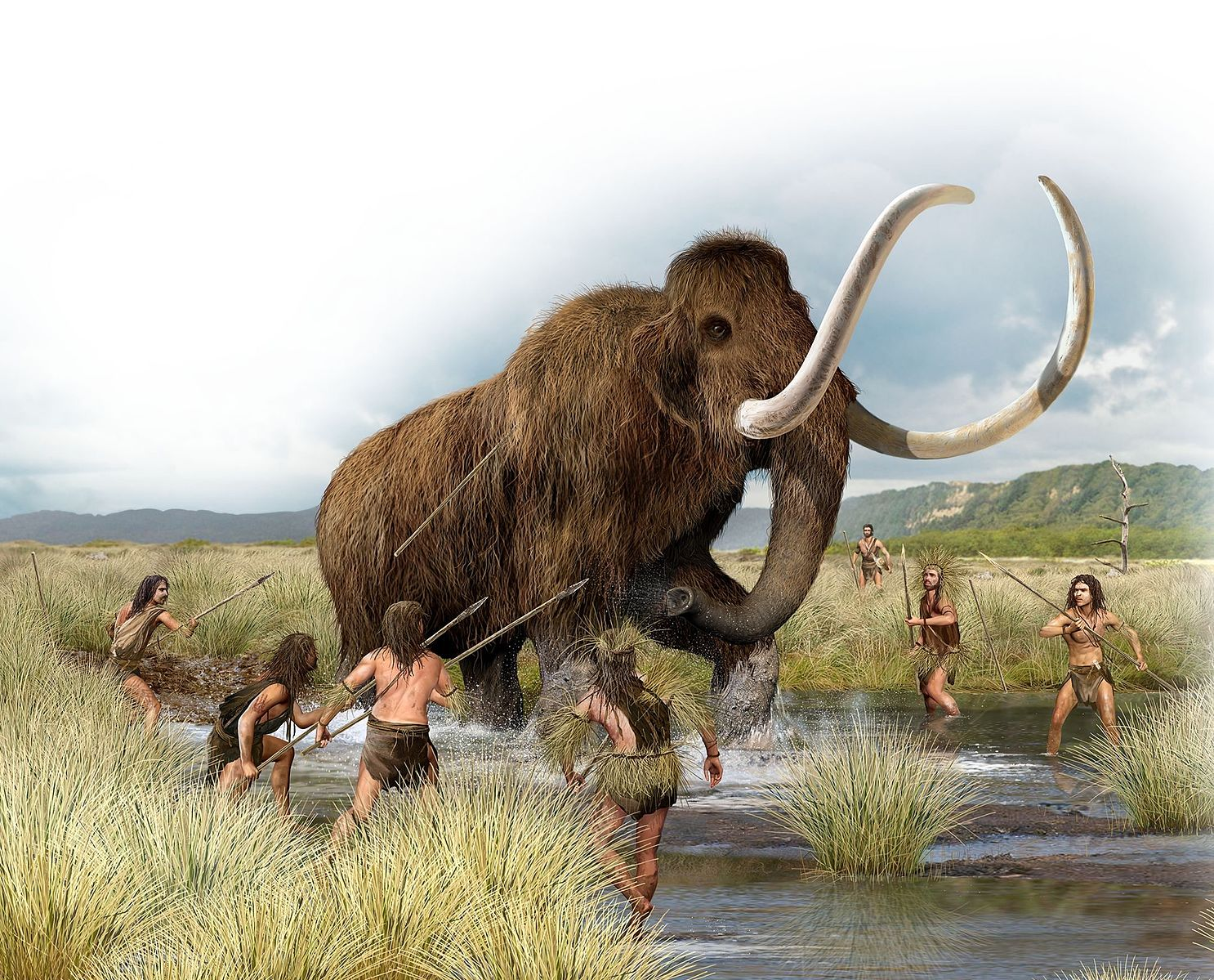 Image of a mammoth being hunted by people using spears