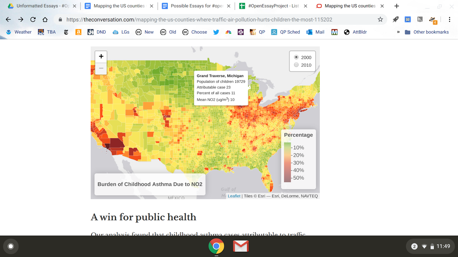 Image of a map of the United States color coded to display the burden of childhood asthma due to NO2