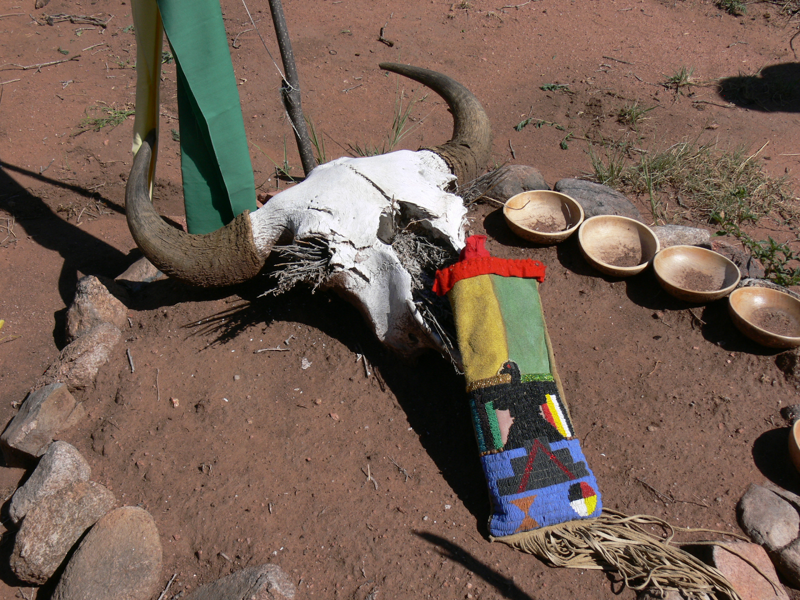 Image of a cow's skull and other items placed inside a circle of stones