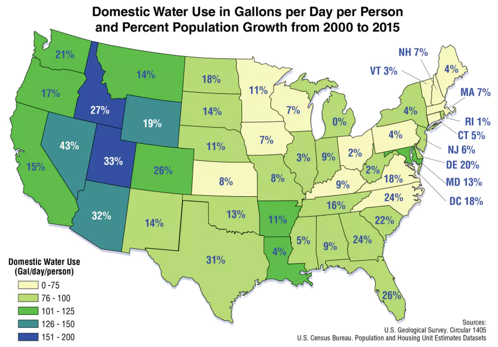 Image of a map of the U.S. color coded to display the amount of domestic water use in gallons per day per person