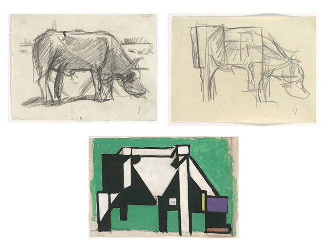 Top left: Theo van Doesburg, Study for Composition (The Cow), 1917, pencil on paper, 11.7 x 15.9 cm (MoMA); top right: Theo van Doesburg, Study for Composition (The Cow), 1917, pencil on paper, 11.7 x 15.9 cm (MoMA); bottom: Theo van Doesburg, Composition (The Cow), 1917, gouache, oil, and charcoal on paper, 39.4 x 58.4 cm (MoMA).