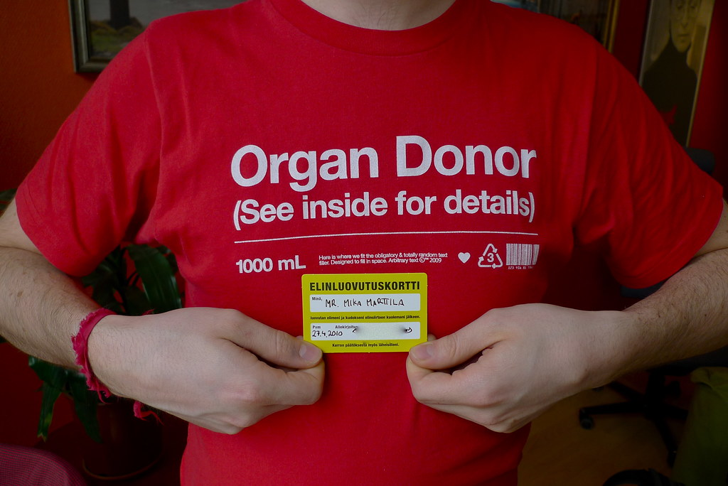 Image of a person wearing a shirt that reads "Organ Donor (see inside for details)"