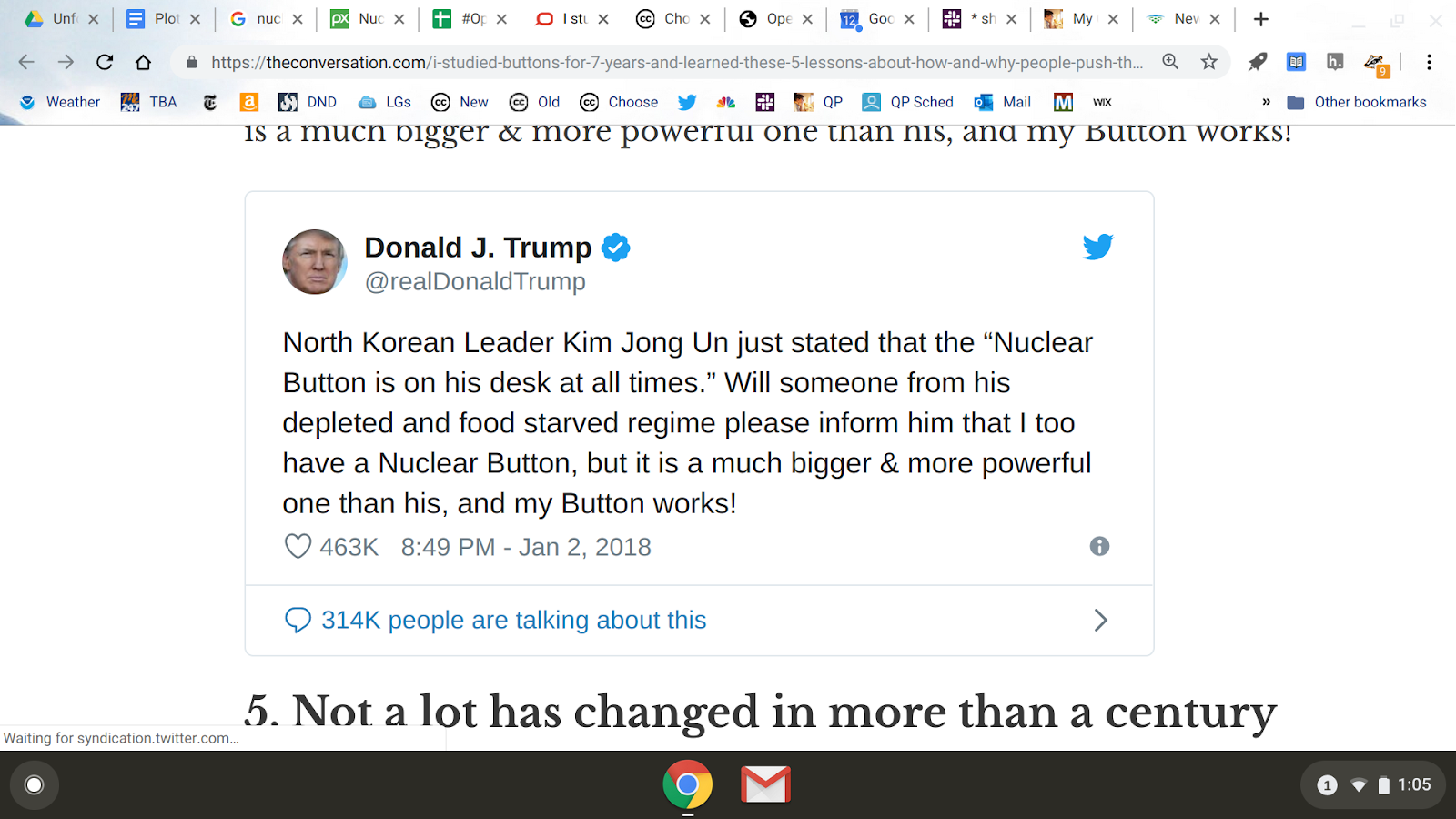 Image of a tweet from Donald J. Trump in 2018 discussion Kim Jong Un comment on Nuclear war.