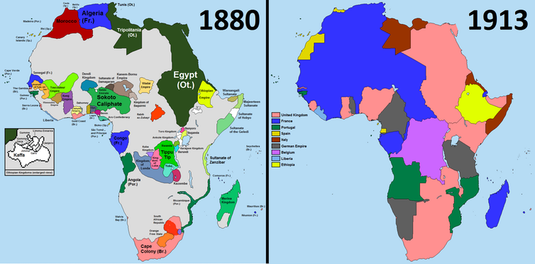 Side by Side images of Africa in 1880 and 1913 with color coded maps to show who populated which sections of the continent