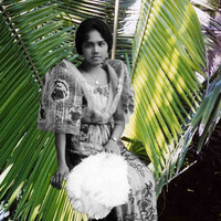 Black and white image of a young girl placed in front of palm leaves