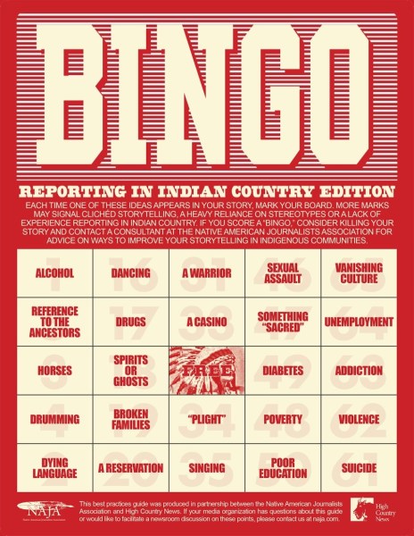 Image of Bingo board, but redesigned to point out cliches in reporting in Indian country