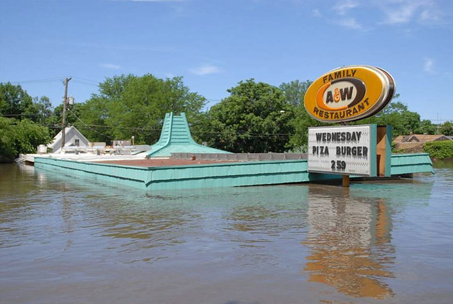 Image of a flooded A&W stand after 2009 flood in Cedar Rapids, Iowa