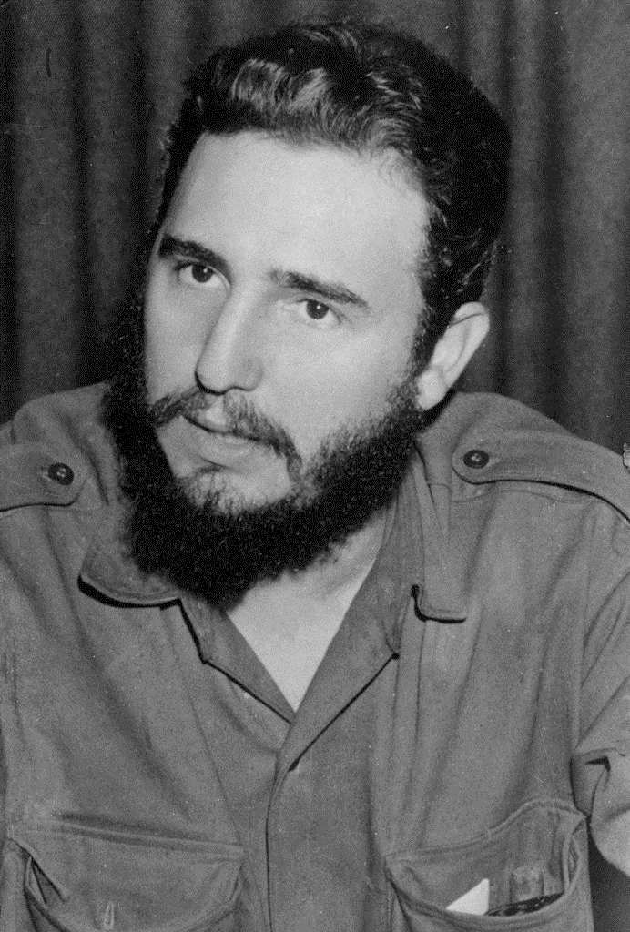 Headshot of Cuban revolutionary leader Fidel Castro from the 1950s. Details in text.