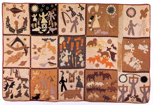 a quilt with various scenes of people, animals and the sun